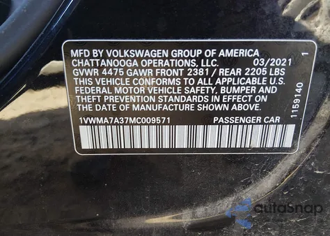 2021 Volkswagen Passat 2.0T R-Line z USA, uszkodzony, nr VIN 1VWMA7A37MC009571